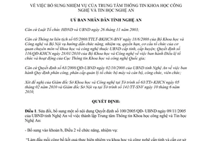 Quyết định 54/2010/QĐ-UBND bổ sung nhiệm vụ Trung tâm Thông tin KHCN Nghệ An