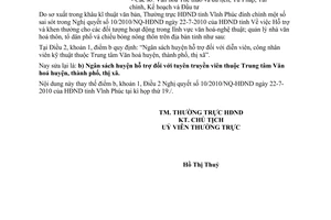 Công văn 105/HĐND-CTHĐND đính chính Nghị quyết 10/2010/NQ-HĐND Vĩnh Phúc