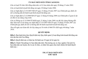 Quyết định 1460/2010/QĐ-UBND quản lý hoạt động kinh doanh bất động sản Cao Bằng