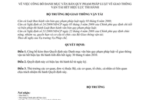 Quyết định 2594/QĐ-BGTVT công bố Danh mục văn bản quy phạm pháp luật