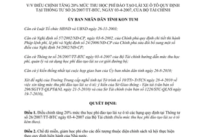 Quyết định 35/2010/QĐ-UBND điều chỉnh tăng 20% mức thu học phí đào tạo lái xe ô tô Kon Tum