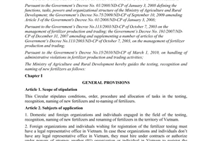 Circular No. 52/2010/TT-BNNPTNT guiding the testing, recognition and naming