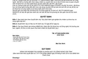 Quyết định 3171/2010/QĐ-UBND đánh giá nghiệm thu nhiệm vụ khoa học công nghệ