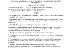 Decision No. 55/2010/QD-TTg on the competence, order and procedures