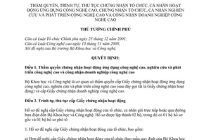 Quyết định 55/2010/QĐ-TTg thẩm quyền, trình tự, thủ tục chứng nhận tổ chức
