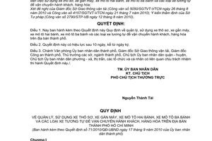 Quyết định 71/2010/QĐ-UBND  quản lý, sử dụng xe thô sơ