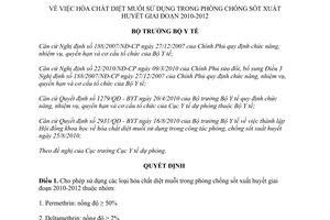 Quyết định số 3522/QĐ-BYT hóa chất diệt muỗi sử dụng trong phòng chống sốt xuất huyết 2010-2012