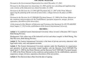 Decision No. 1789/QD-TTg on establishment of eastern international university