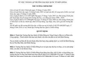 Quyết định 1789/QĐ-TTg  thành lập Trường Đại học Quốc tế Miền Đông