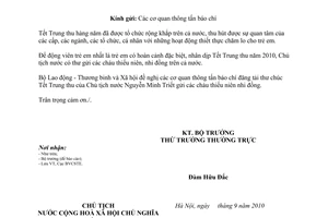 Công văn 3252/LĐTBXH-BVCSTE đăng tải thư chúc Tết Trung thu