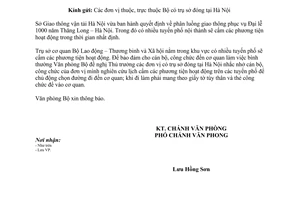 Công văn 189/VP-QP-AN phân luồng giao thông phục vụ Đại lễ 1000 năm Thăng Long