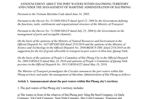 Circular No. 31/2010/TT-BGTVT announcement about the port waters within Hai Phong territory