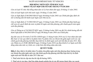 Nghị quyết 24/2010/NQ-HĐND tỷ lệ phần trăm phân chia các khoản thu ngân sách các cấp Bắc Kạn