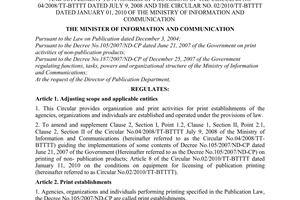 Circular No. 22/2010/TT-BTTTT regulation on the organization and print activitie