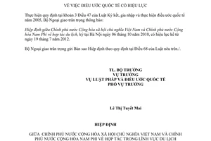 Thông báo hiệu lực của Hiệp định hợp tác du lịch giữa Việt Nam Nam Phi