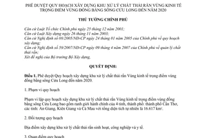 Quyết định 1873/QĐ-TTg phê duyệt Quy hoạch xây dựng khu xử lý chất thải