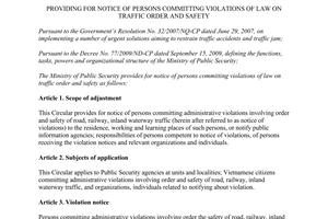 Circular No. 38/2010/TT-BCA notice of persons committing violations of law on traffic order and safety