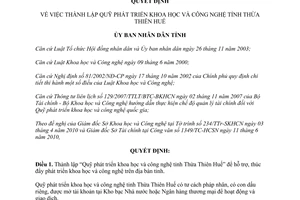 Quyết định 1916/QĐ-UBND thành lập quỹ phát triển khoa học công nghệ Thừa thiên Huế 2010
