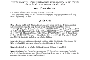 Quyết định 62/2010/QĐ-TTg  không thu hồi kinh phí do ngân sách nhà nước