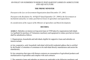 Decision No. 63/2010/QĐ-TTg policy subsidies reduce post-harvest losses agriculture aquaculture