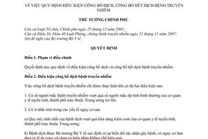 Quyết định 64/2010/QĐ-TTg điều kiện công bố dịch hết dịch bệnh truyền nhiễm
