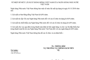 Thông báo 402/TB-NHNN mức lãi suất bằng đồng Việt Nam