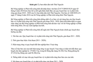 Công văn 3284/BNN-TCLN 2010 thẩm định Báo cáo quy hoạch bảo vệ rừng Thái Nguyên