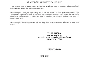 Thông báo hiệu lựcHiệp định về miễn thị thực cho người mang hộ chiếu ngoại