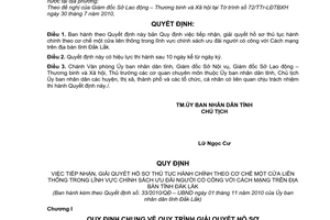 Quyết định 33/2010/QĐ-UBND tiếp nhận, giải quyết hồ sơ thủ tục hành chính