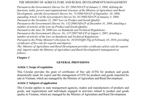 Circular No. 63/2010/TT-BNNPTNT providing certificates of free sale for exports