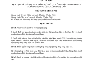 Quyết định 69/2010/QĐ-TTg  thẩm quyền, trình tự, thủ tục công nhận