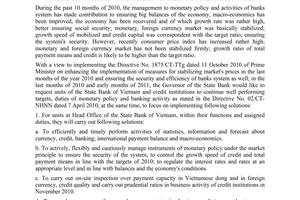 Directive No. 04/CT-NHNN of November 04, 2010, on implementation of monetary, credit and banking solutions, making contribution to stabilizing price and macro-economics