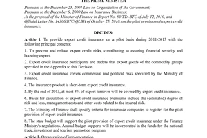 Decree No. 2011/QD-TTg on the pilot provision of export credit insurance