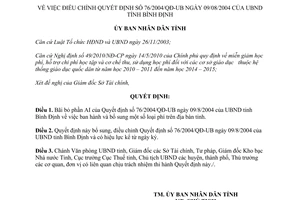 Quyết định 26/2010/QĐ-UBND điều chỉnh Quyết định 76/2004/QĐ-UB Bình Định