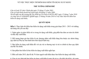 Quyết định 2011/QĐ-TTg thí điểm bảo hiểm tín dụng xuất khẩu