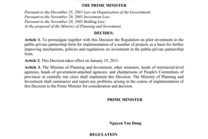 Decision No. 71/2010/QD-TTg promulgating the regulation on pilot investment