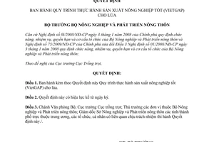 Quyết định số 2998/QĐ-BNN-TT quy trình thực hành sản xuất nông nghiệp tốt VietGAP cho lúa 2010