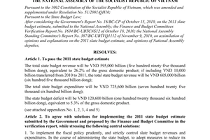 Resolution No. 52/2010/QH12 on the 2011 state budget estimate