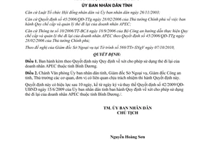 Quyết định 41/2010/QĐ-UBND xét cho phép sử dụng thẻ đi lại doanh nhân APEC Bình Dương