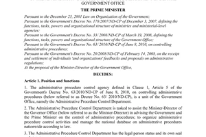 Decision No. 74/2010/QD-TTg defining the functions, tasks, powers and organizati