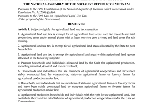 Resolution No. 55/2010/QH12 on agricultural land use tax exemption and reduction