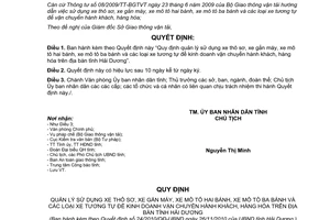 Quyết định 24/2010/QĐ-UBND quản lý sử dụng xe thô sơ gắn máy mô tô hai ba bánh Hải Dương