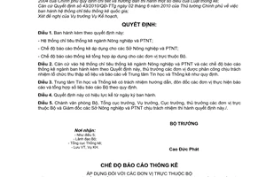 Quyết định 3201/QĐ-BNN-KH hệ thống chỉ tiêu thống kê và chế độ báo cáo