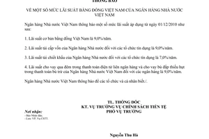 Thông báo 447/TB-NHNN mức lãi suất bằng đồng Việt Nam