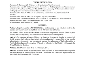 Decision No. 78/2010/QD-TTg on the level of value of imports sent via the expres