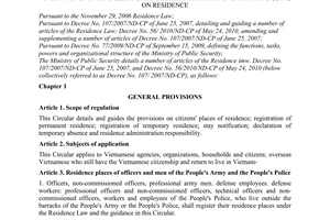 Circular No. 52/2010/TT-BCA detailing a number of articles of the residence law