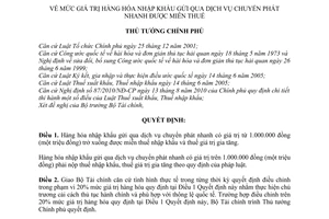 Quyết định 78/2010/QĐ-TTg mức giá trị hàng hóa nhập khẩu gửi qua dịch vụ