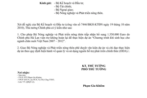 Công văn 2001/TTg-QHQT bổ sung kinh phí cho dự án Khí sinh học