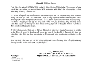 Công văn 6147/BNN-CB Báo cáo Nghiên cứu khả thi Dự án BOT Nhiệt điện Vĩnh Tân 3
