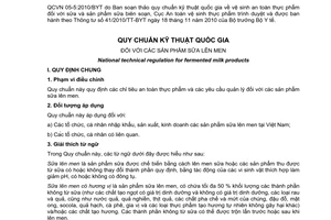 Quy chuẩn kỹ thuật Quốc gia QCVN 05-5:2010/BYT về các sản phẩm sữa lên men do Bộ trưởng Bộ Y tế ban hành